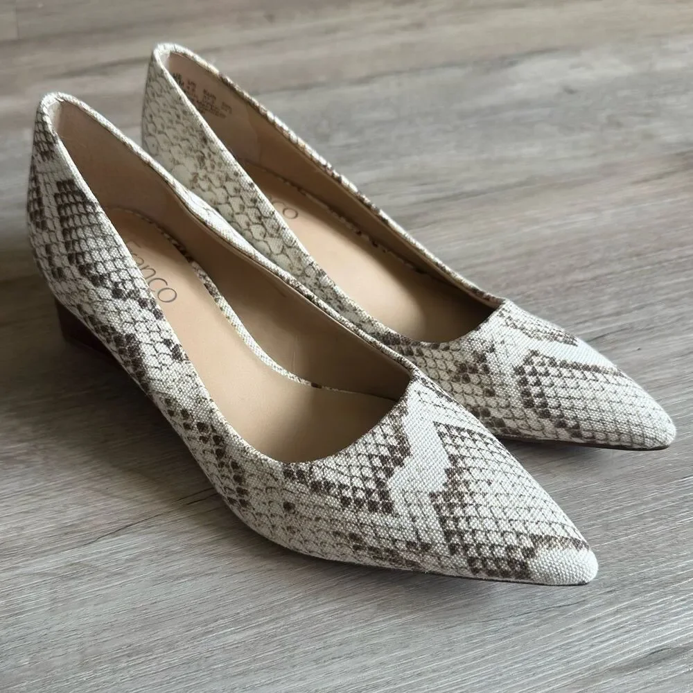 Franco Sarto Romi Pumps Chunky Block Heels Pointy Toe Snake Print Canvas Sz 7.5